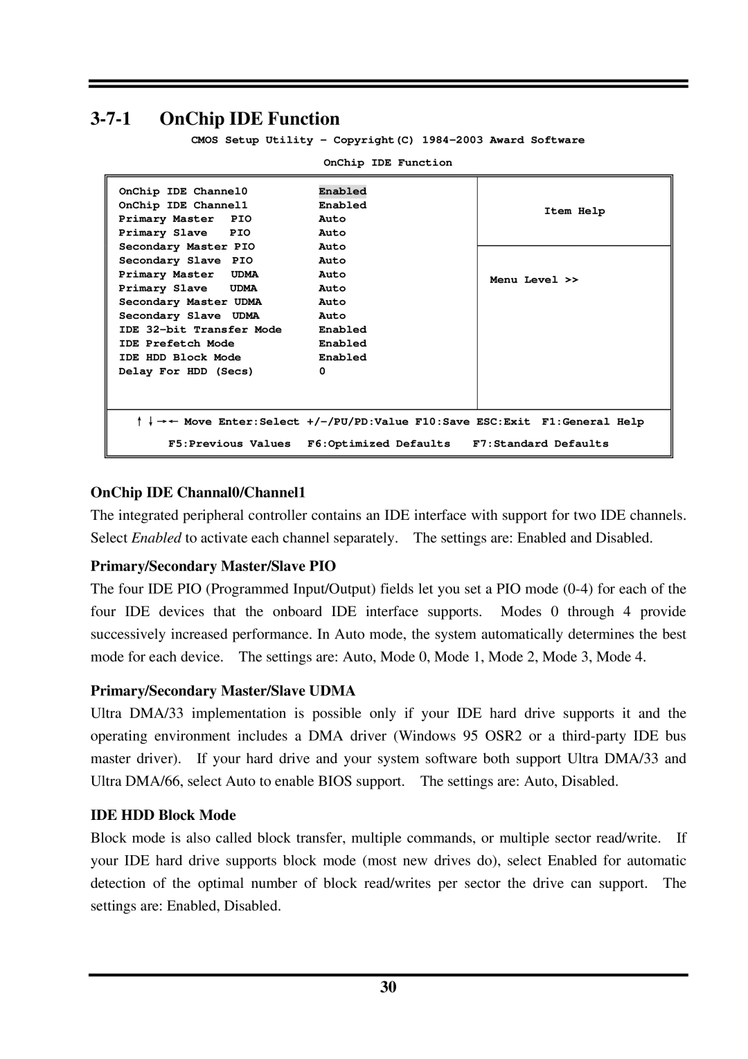 Intel PT800DBP OnChip IDE Function, OnChip IDE Channal0/Channel1, Primary/Secondary Master/Slave PIO, IDE HDD Block Mode 