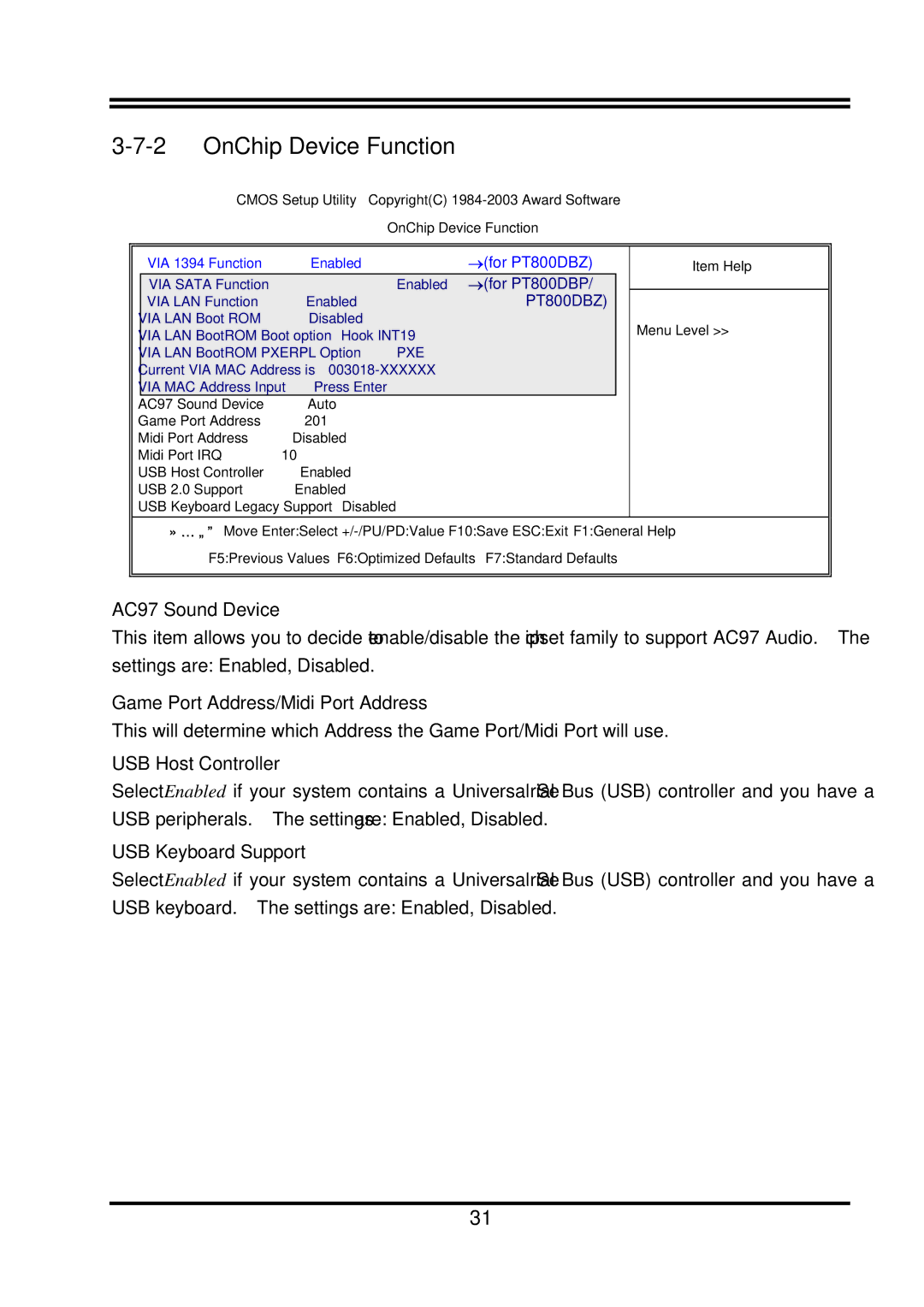 Intel PT800DB OnChip Device Function, AC97 Sound Device, Game Port Address/Midi Port Address, USB Host Controller 