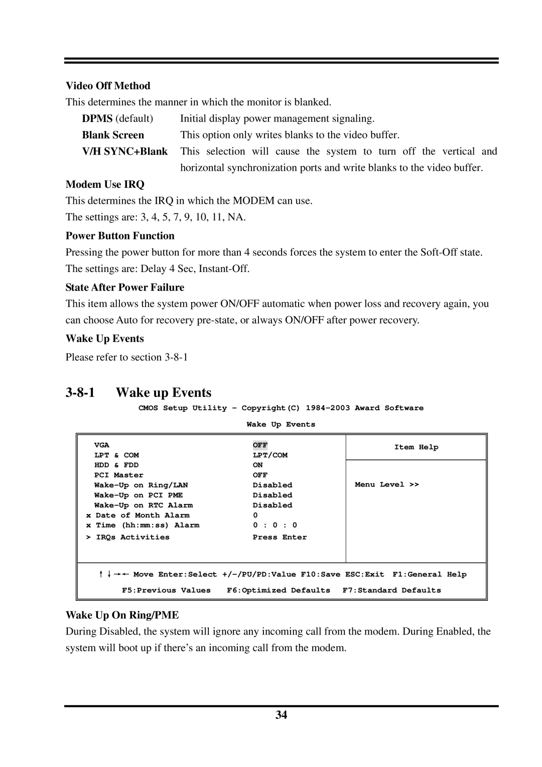 Intel VIA PT800, PT800DBP, PT800DBZ, VIA 8237 user manual Wake up Events 