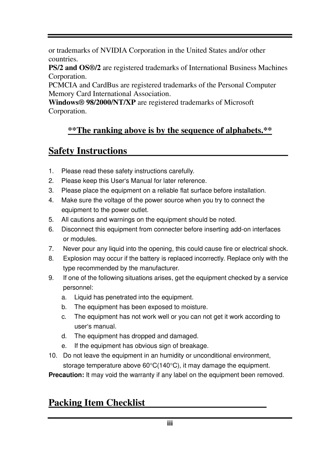 Intel VIA PT800, PT800DBP, PT800DBZ, VIA 8237 user manual Safety Instructions, Packing Item Checklist 