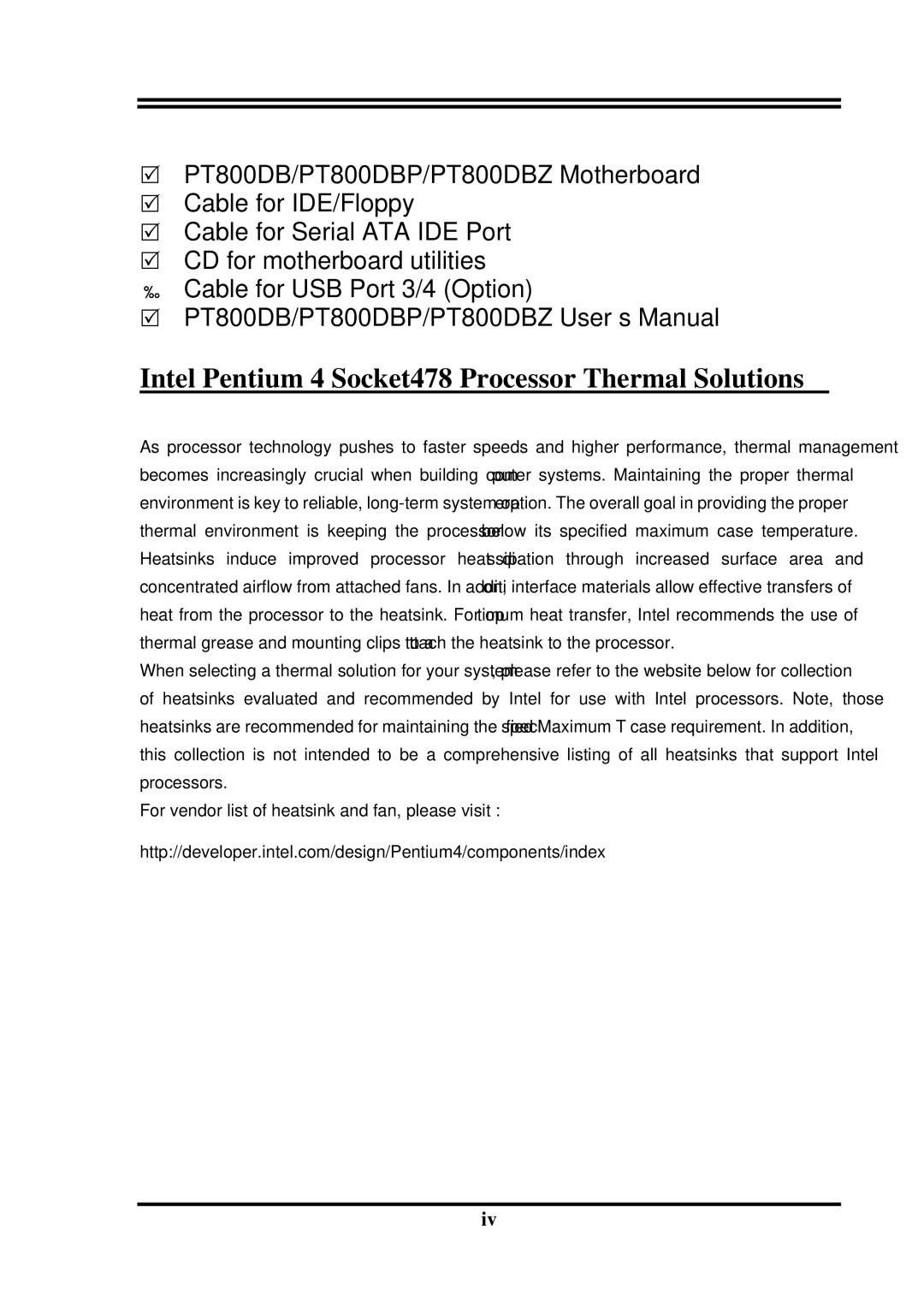 Intel PT800DBP, PT800DBZ, VIA 8237, VIA PT800 user manual Intel Pentium 4 Socket478 Processor Thermal Solutions 