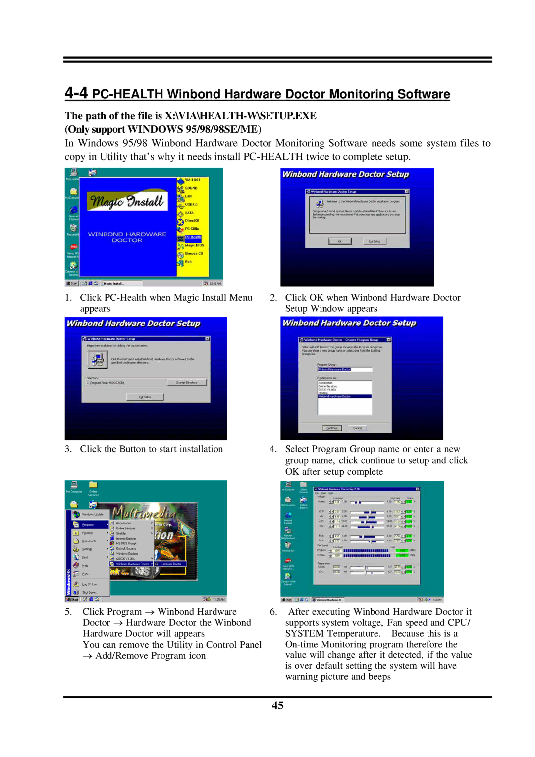 Intel PT800DBP, PT800DBZ, VIA 8237, VIA PT800 user manual 4PC-HEALTH Winbond Hardware Doctor Monitoring Software 