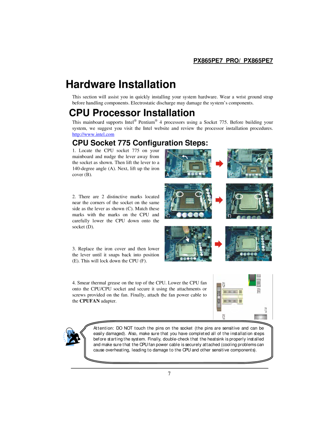 Intel PX865PE7 warranty Hardware Installation, CPU Processor Installation, CPU Socket 775 Configuration Steps 