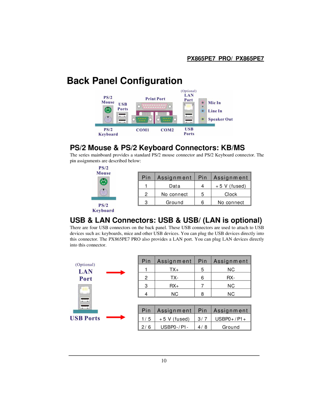 Intel PX865PE7 warranty Back Panel Configuration, PS/2 Mouse & PS/2 Keyboard Connectors KB/MS 