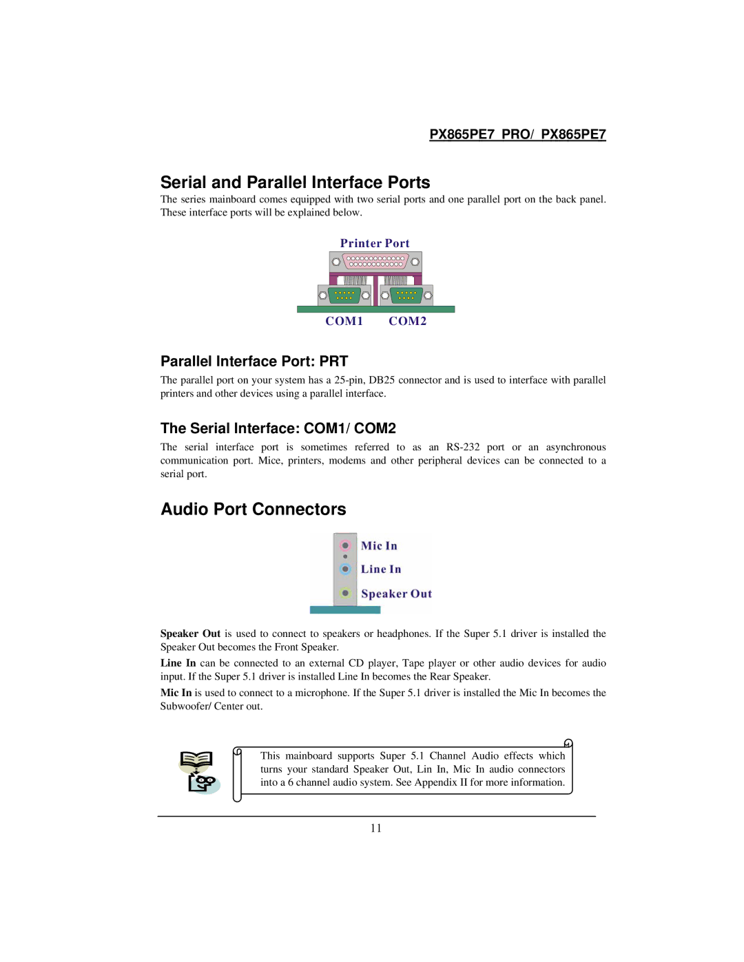 Intel PX865PE7 warranty Serial and Parallel Interface Ports, Audio Port Connectors, Parallel Interface Port PRT 