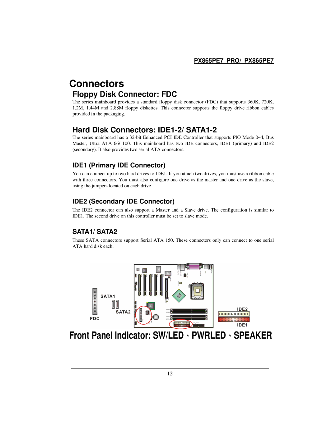 Intel PX865PE7 warranty Connectors, Front Panel Indicator SW/LED、PWRLED、SPEAKER, Floppy Disk Connector FDC 