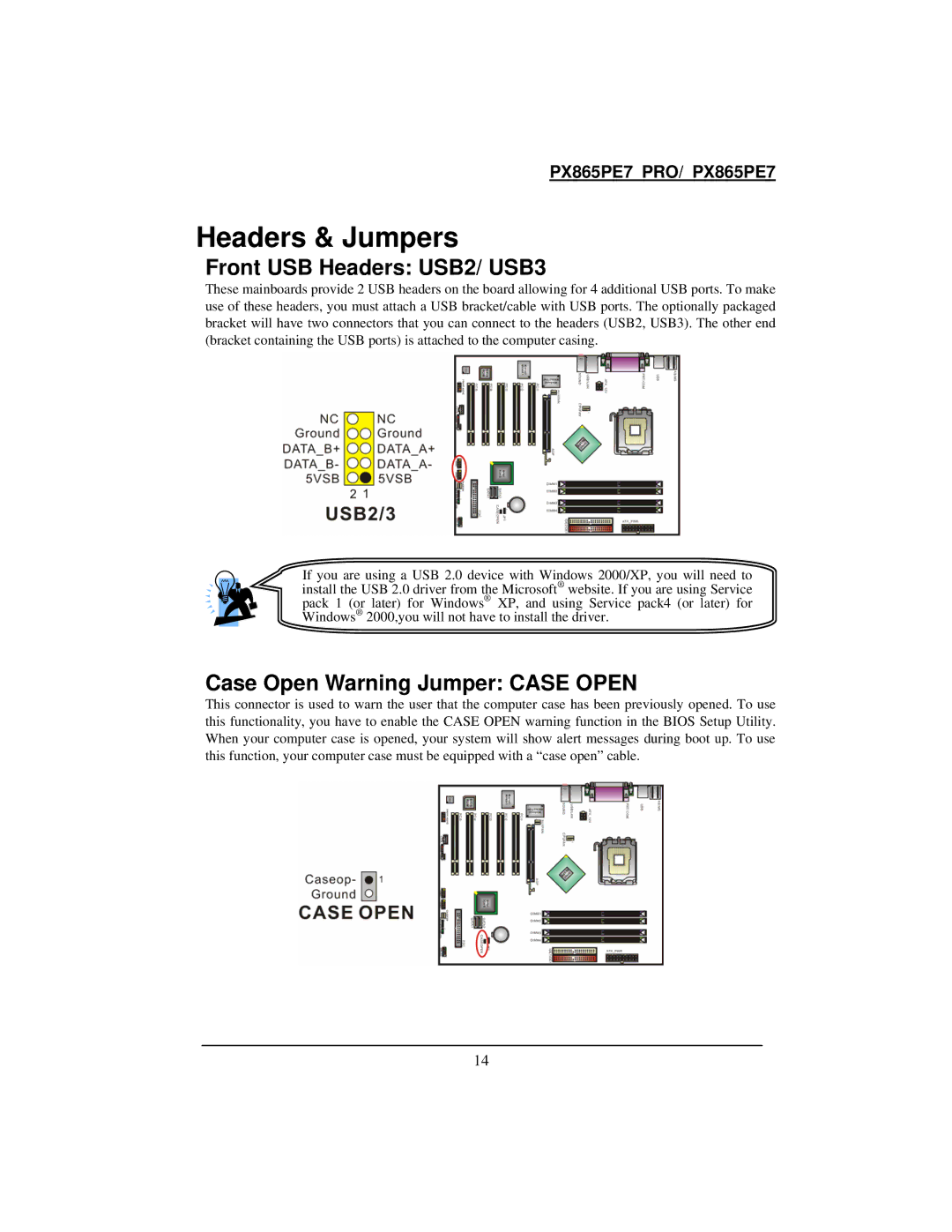 Intel PX865PE7 warranty Headers & Jumpers, Front USB Headers USB2/ USB3, Case Open Warning Jumper Case Open 