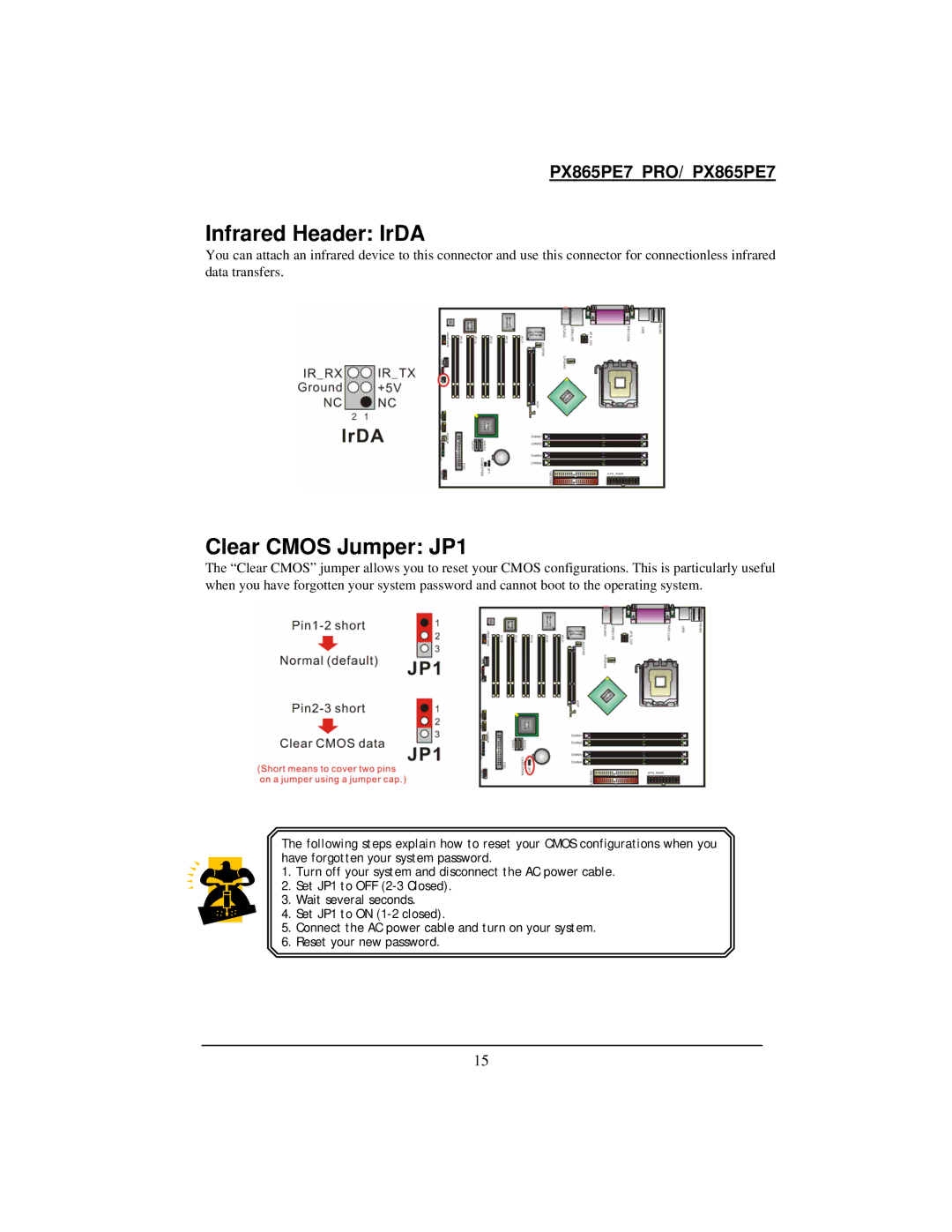 Intel PX865PE7 warranty Infrared Header IrDA, Clear Cmos Jumper JP1 