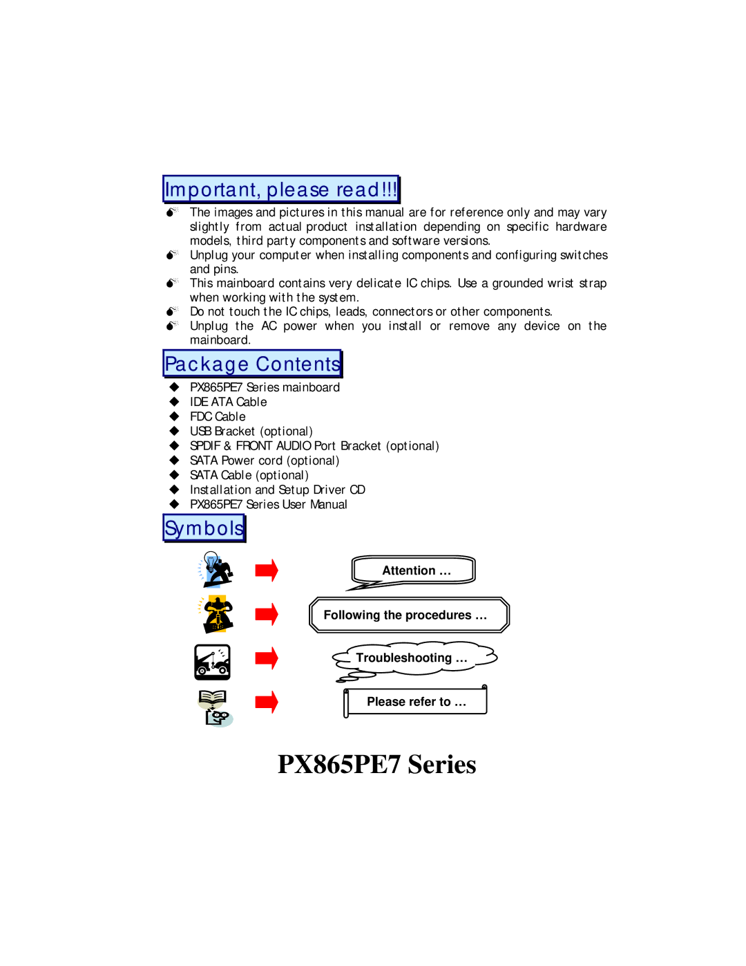 Intel PX865PE7 warranty Symbols 