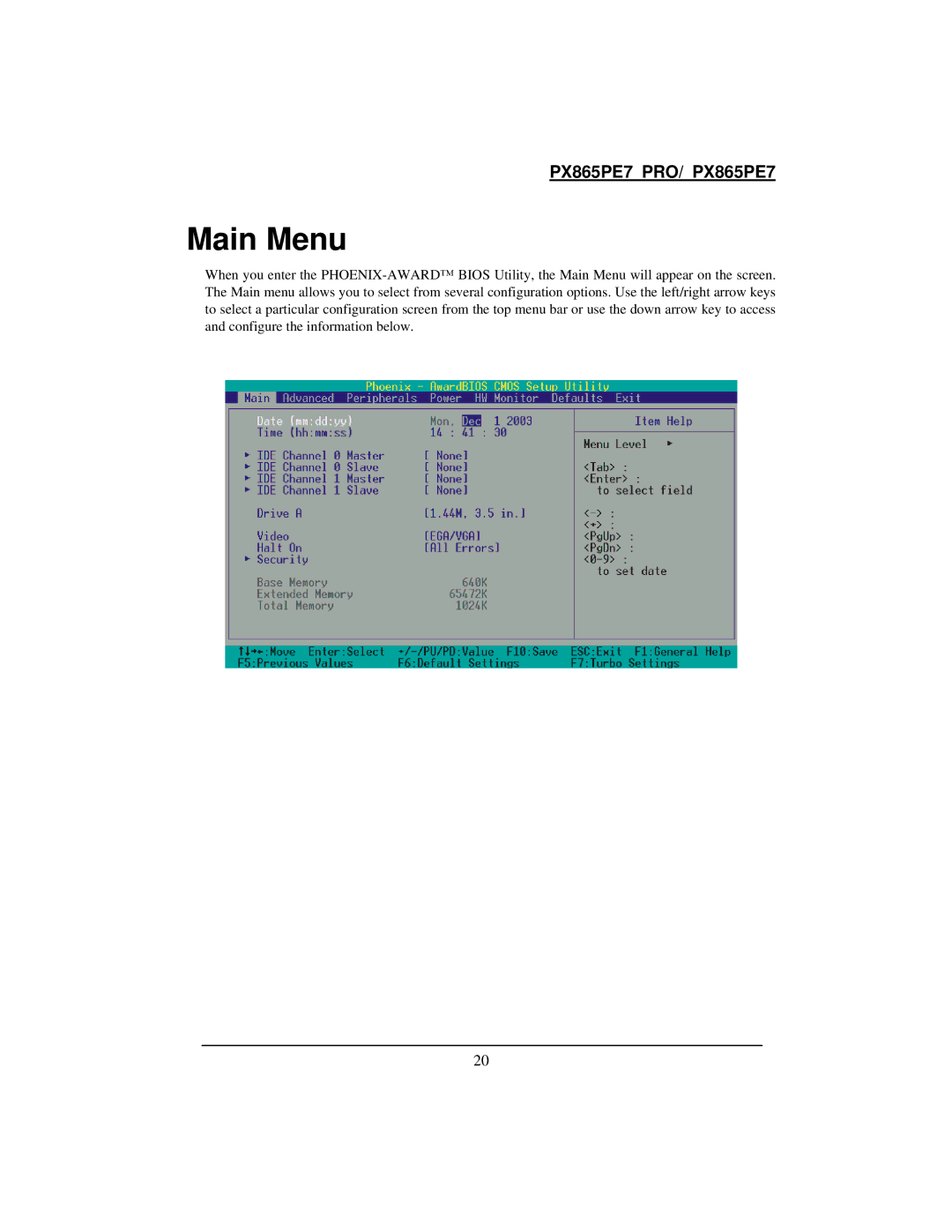 Intel PX865PE7 warranty Main Menu 