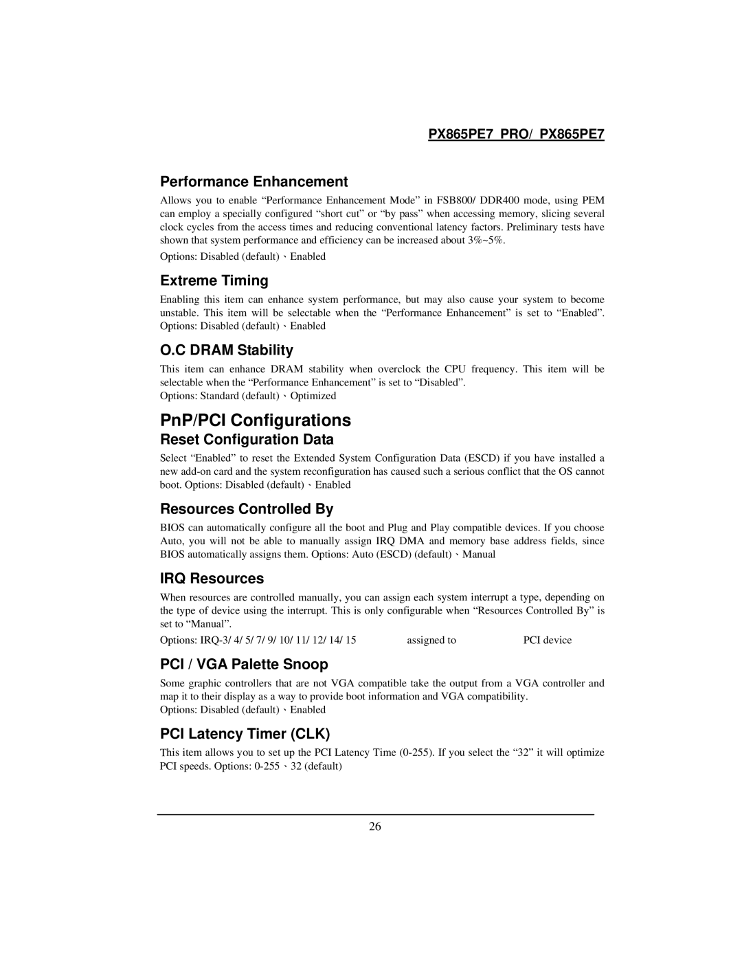 Intel PX865PE7 warranty PnP/PCI Configurations 