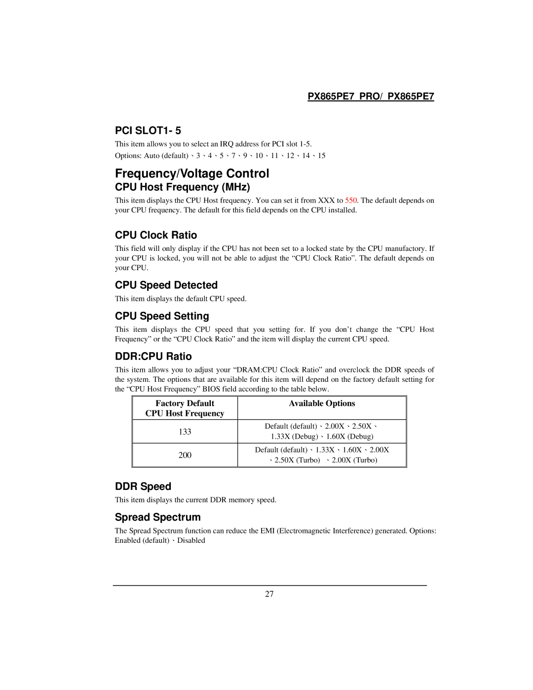 Intel PX865PE7 warranty Frequency/Voltage Control 