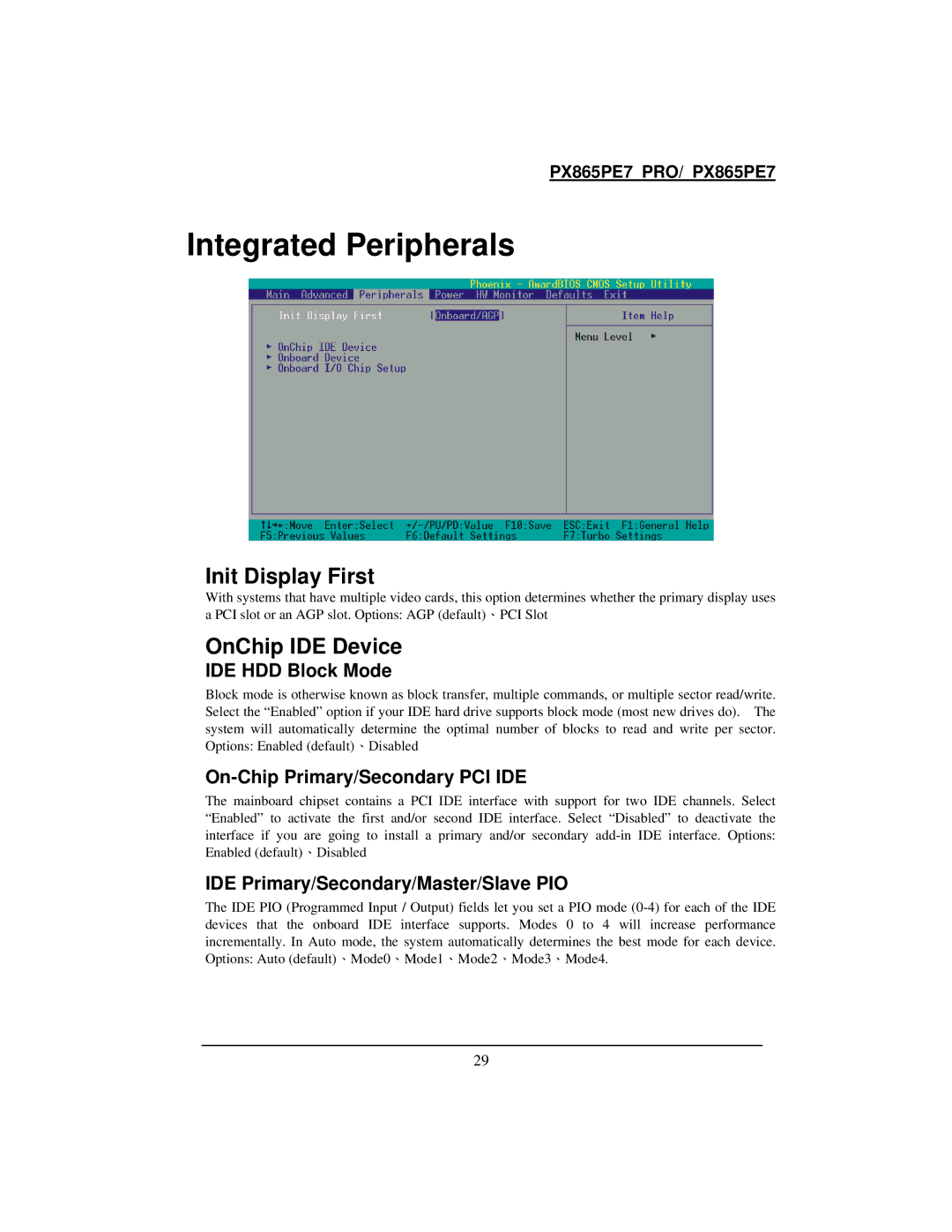 Intel PX865PE7 warranty Integrated Peripherals, Init Display First, OnChip IDE Device 