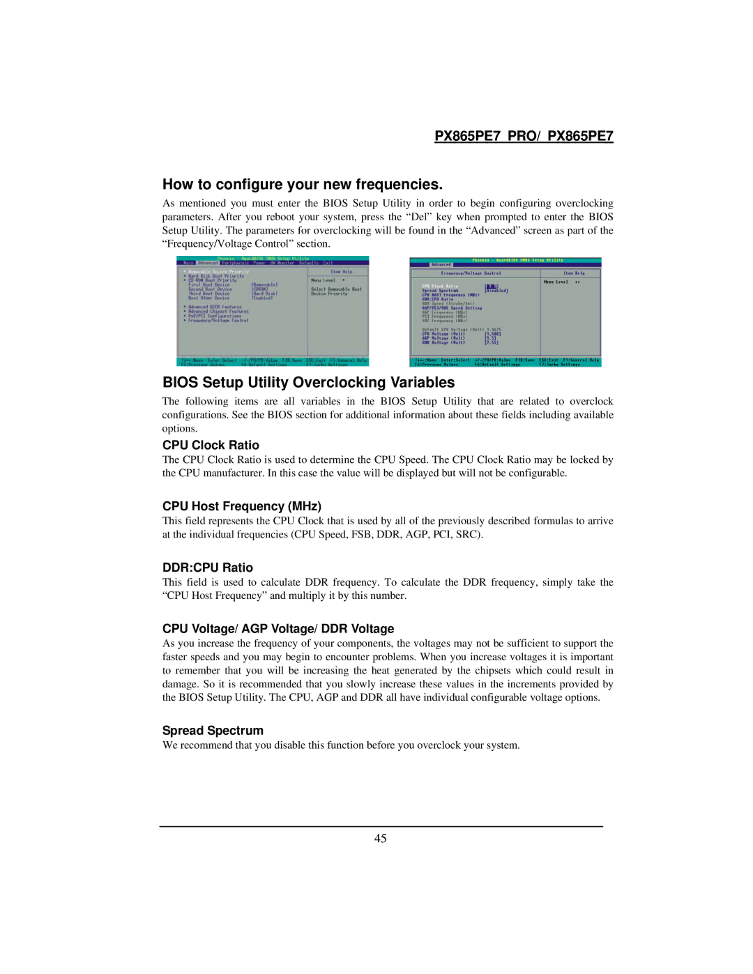 Intel PX865PE7 warranty How to configure your new frequencies, Bios Setup Utility Overclocking Variables 