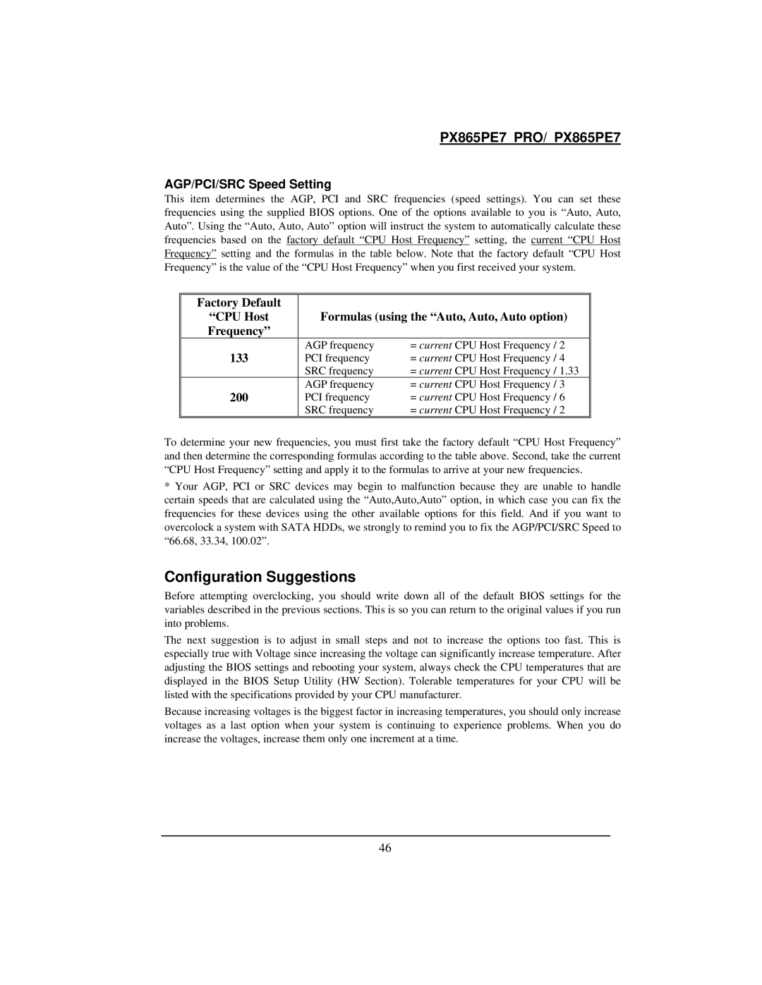 Intel PX865PE7 warranty Configuration Suggestions, AGP/PCI/SRC Speed Setting 