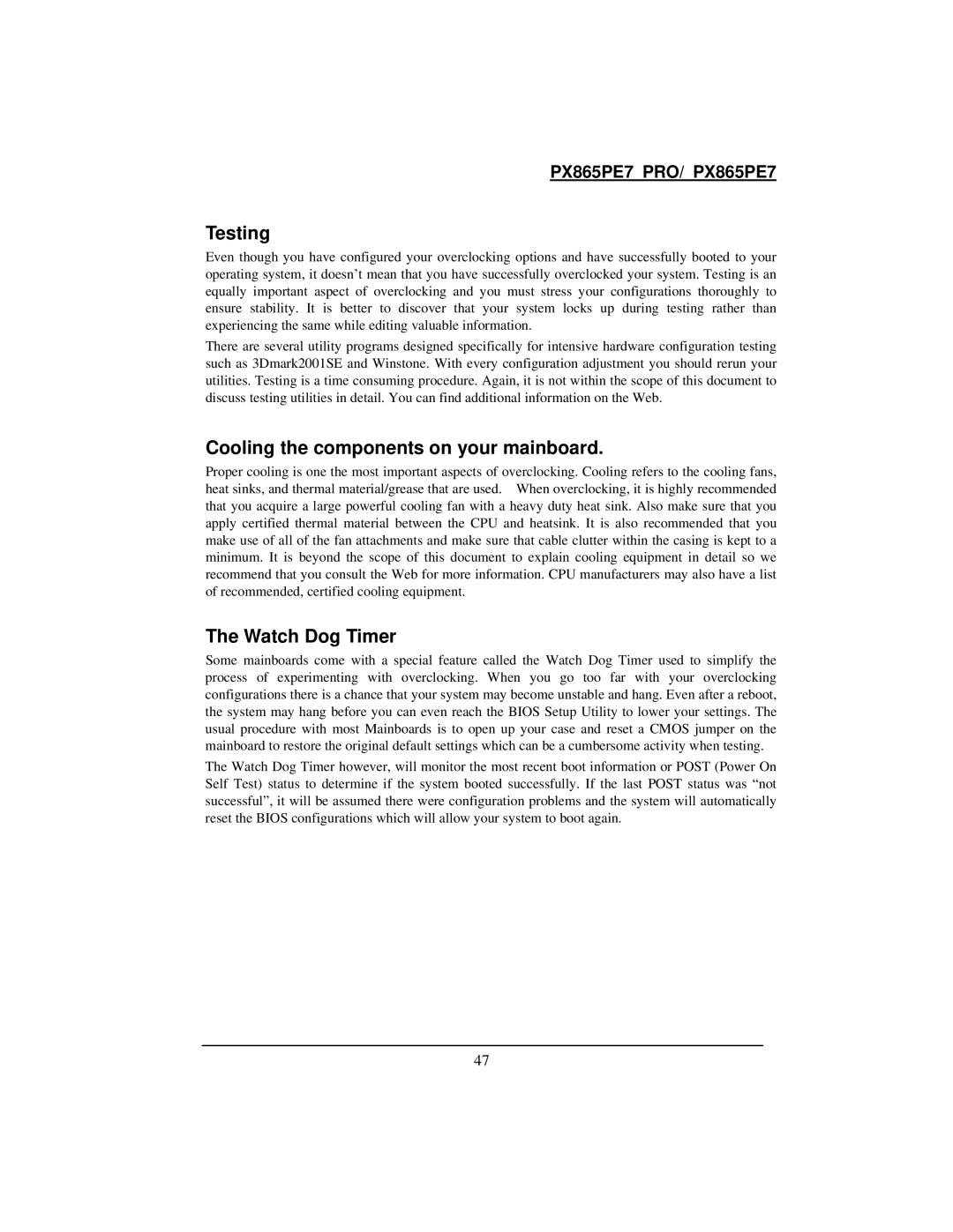 Intel PX865PE7 warranty Testing, Cooling the components on your mainboard, Watch Dog Timer 