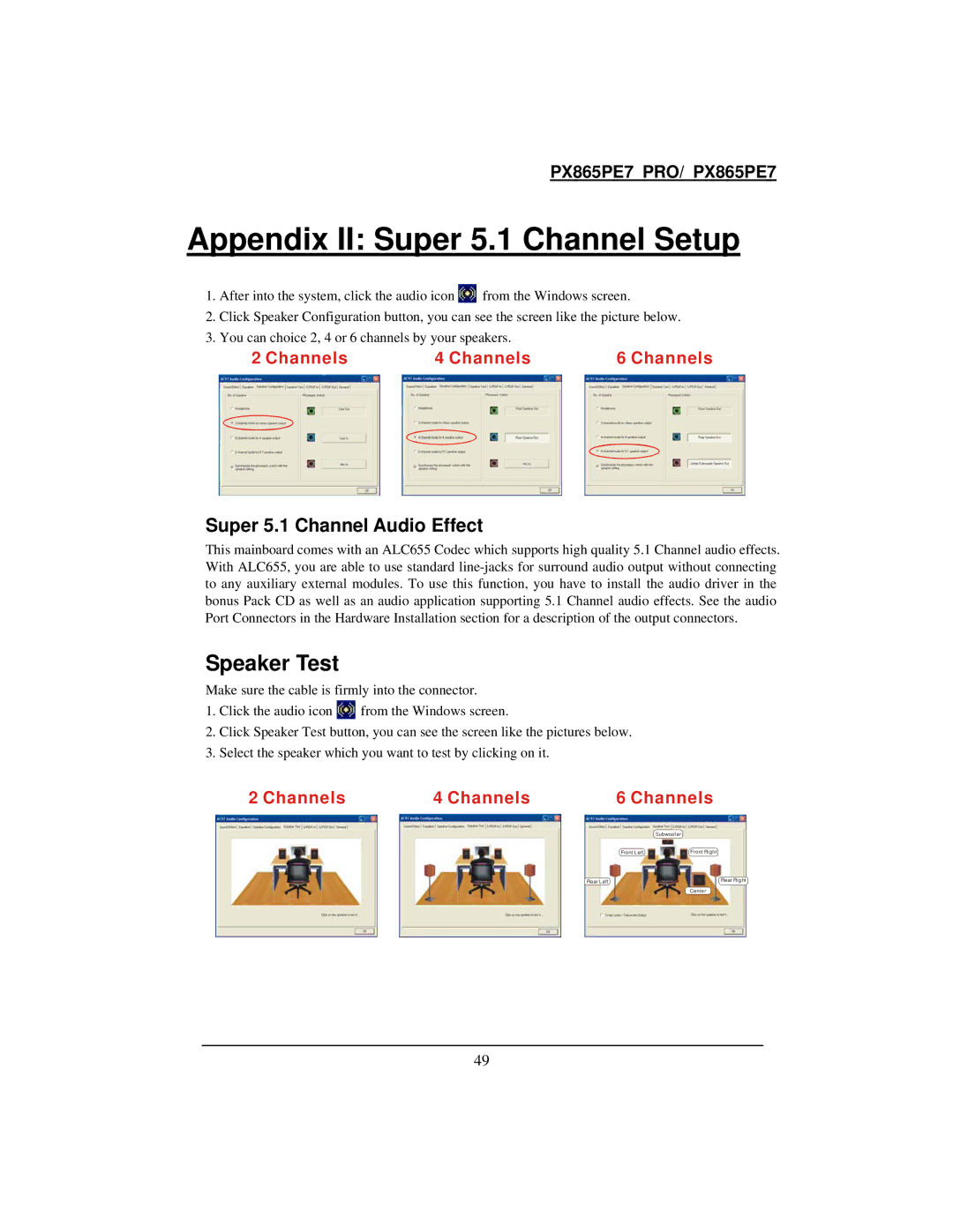 Intel PX865PE7 warranty Appendix II Super 5.1 Channel Setup, Speaker Test, Super 5.1 Channel Audio Effect 