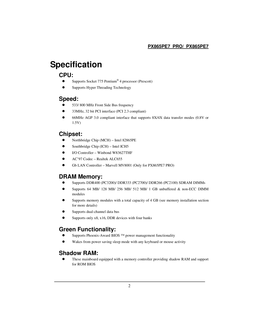 Intel PX865PE7 warranty Specification 