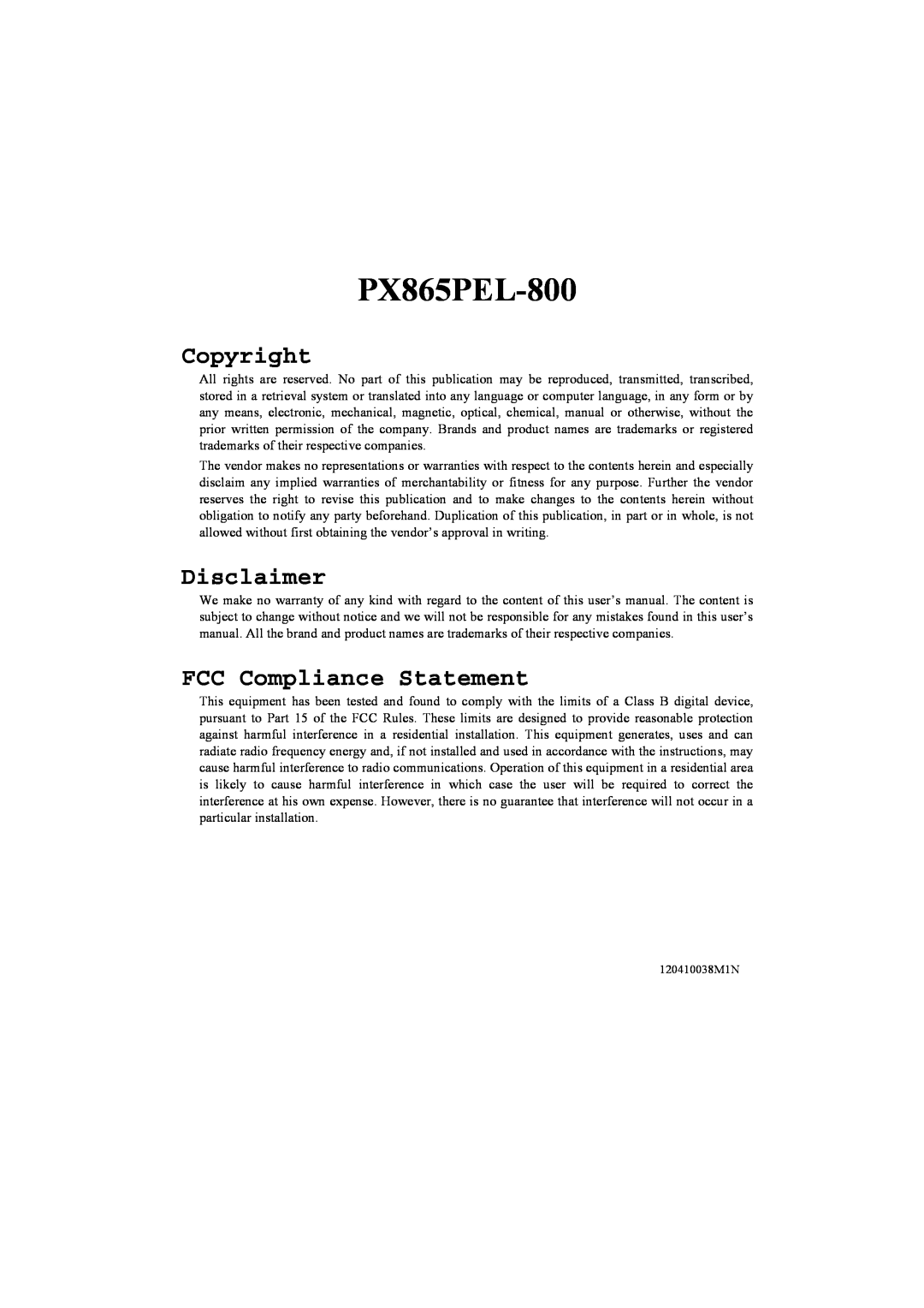 Intel PX865PEL-800 warranty Copyright, Disclaimer, FCC Compliance Statement 