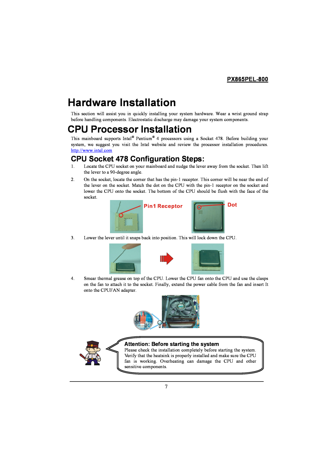 Intel PX865PEL-800 Hardware Installation, CPU Processor Installation, CPU Socket 478 Configuration Steps, Pin1 Receptor 
