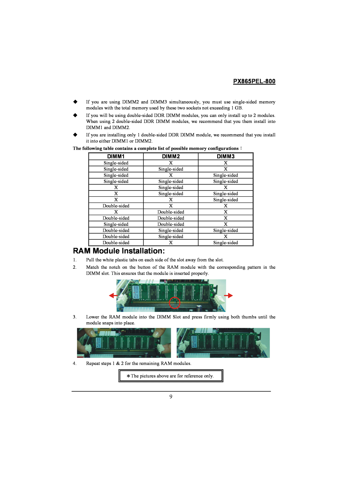 Intel PX865PEL-800 warranty RAM Module Installation, DIMM1, DIMM2, DIMM3 