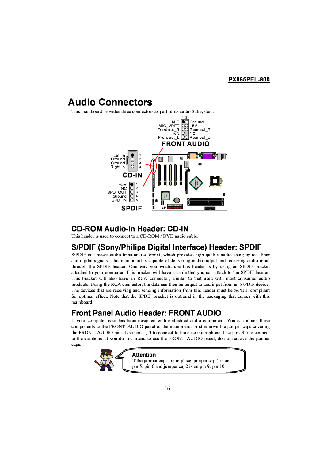 Intel PX865PEL-800 Audio Connectors, CD-ROM Audio-InHeader CD-IN, Front Panel Audio Header FRONT AUDIO, Front Audio, Cd-In 