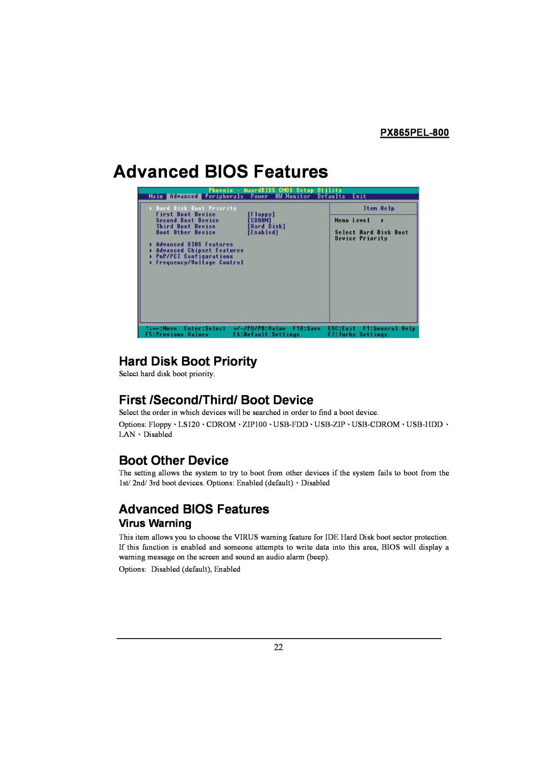 Intel PX865PEL-800 Advanced BIOS Features, Hard Disk Boot Priority, First /Second/Third/ Boot Device, Boot Other Device 