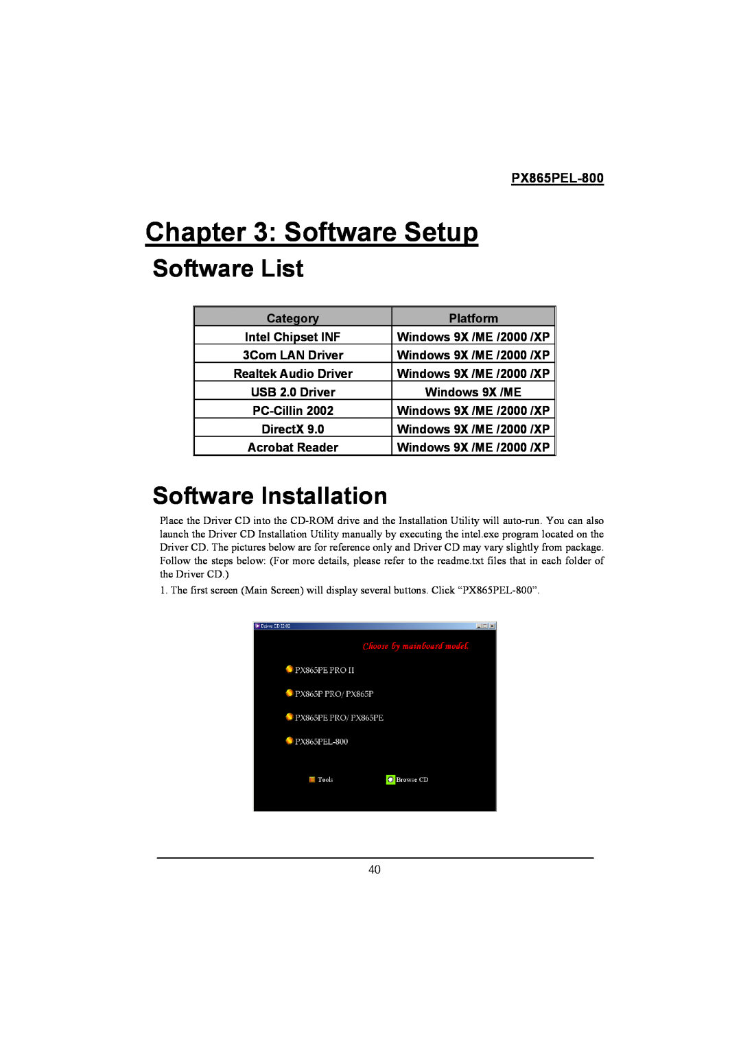Intel PX865PEL-800 Software Setup, Software List, Software Installation, Category, Platform, USB 2.0 Driver, PC-Cillin2002 