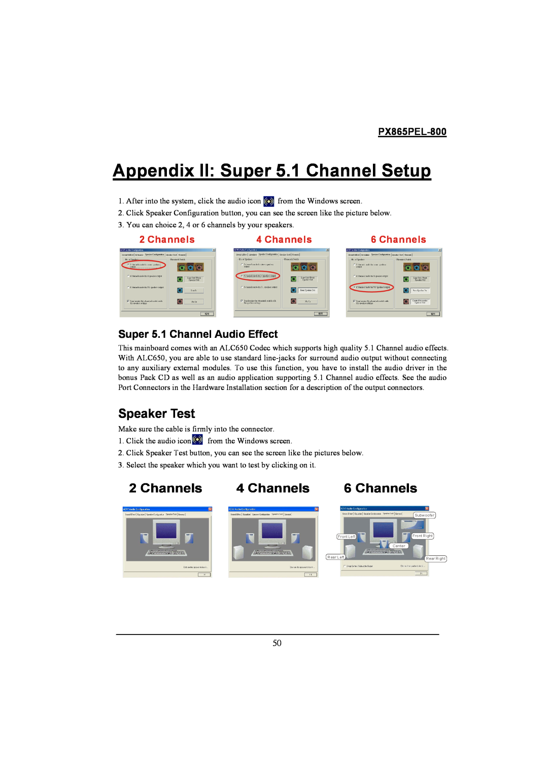 Intel PX865PEL-800 warranty Appendix II Super 5.1 Channel Setup, Speaker Test, Channels 4 Channels 6 Channels 