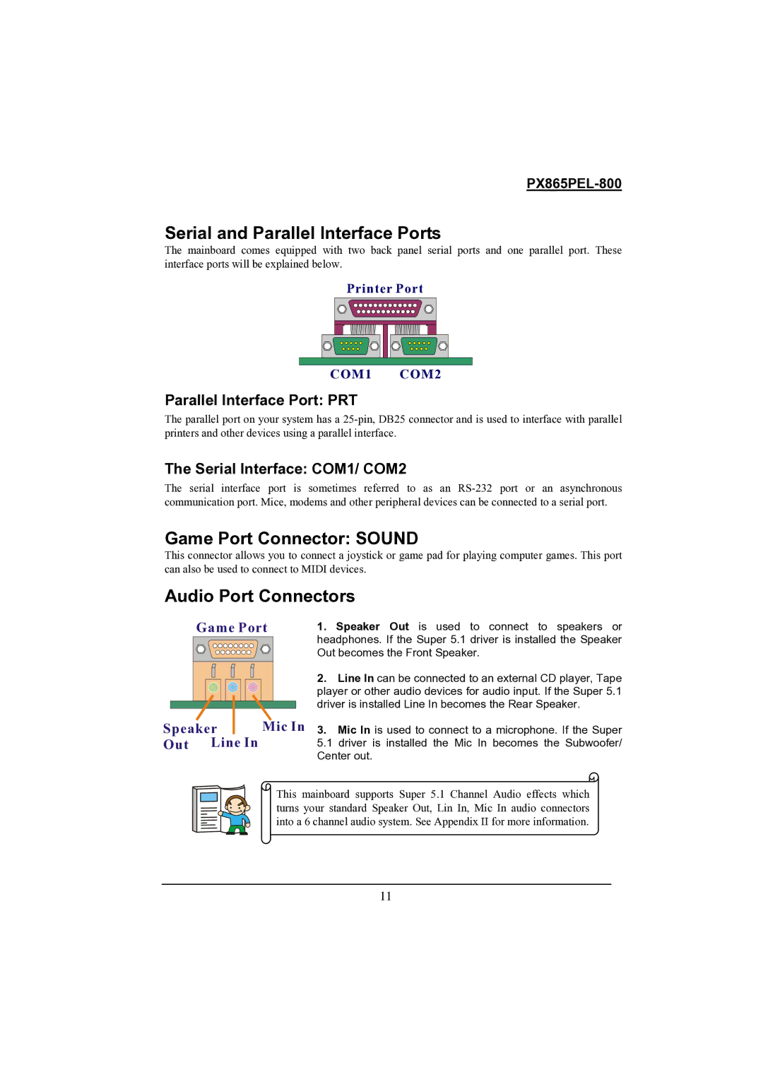 Intel PX865PEL-800 warranty Serial and Parallel Interface Ports, Game Port Connector Sound, Audio Port Connectors 