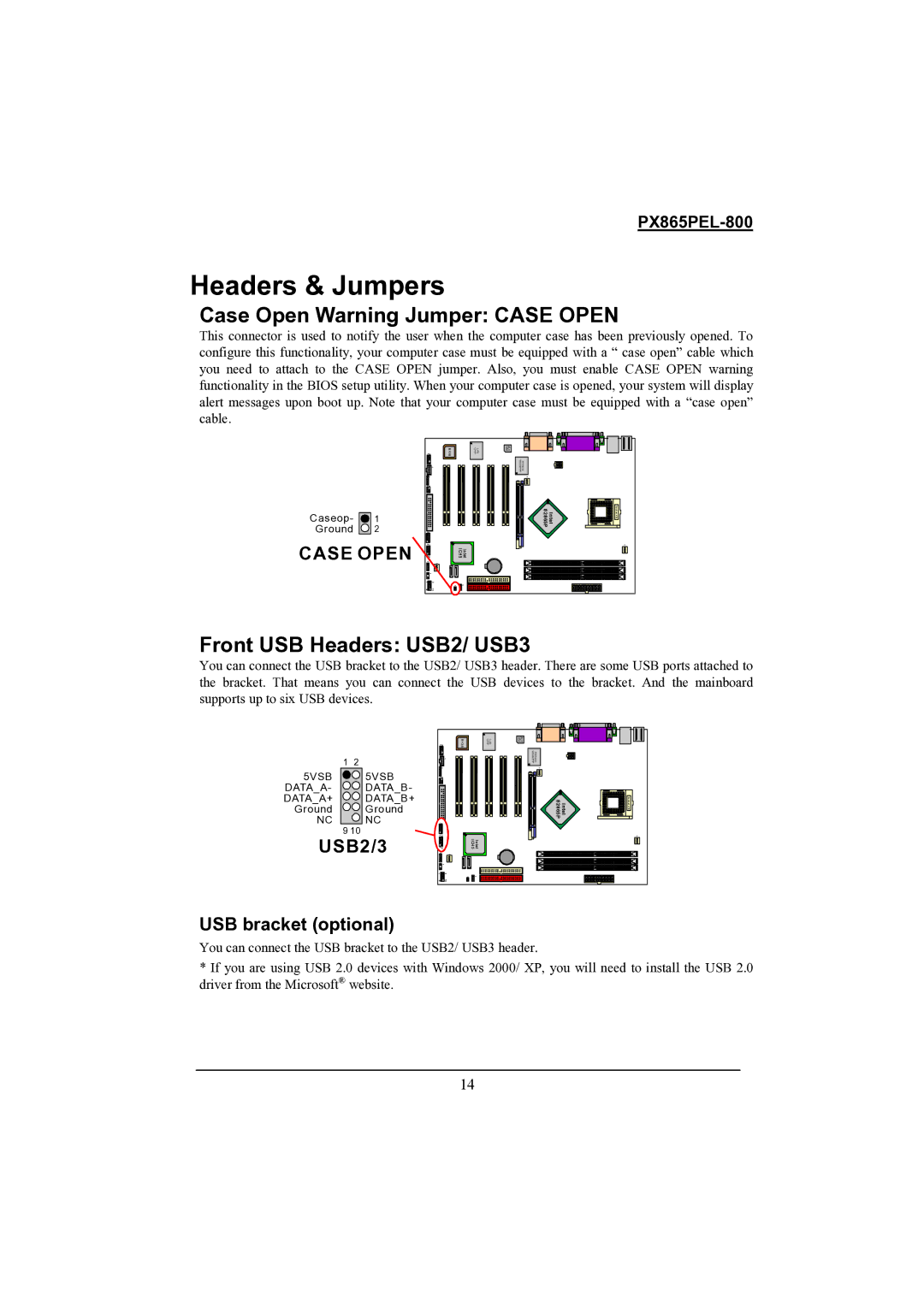 Intel PX865PEL-800 warranty Headers & Jumpers, Case Open Warning Jumper Case Open, Front USB Headers USB2/ USB3, USB2/3 