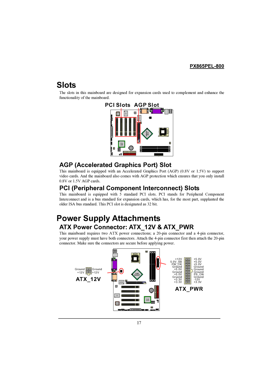 Intel PX865PEL-800 warranty Slots, Power Supply Attachments, AGP Accelerated Graphics Port Slot 