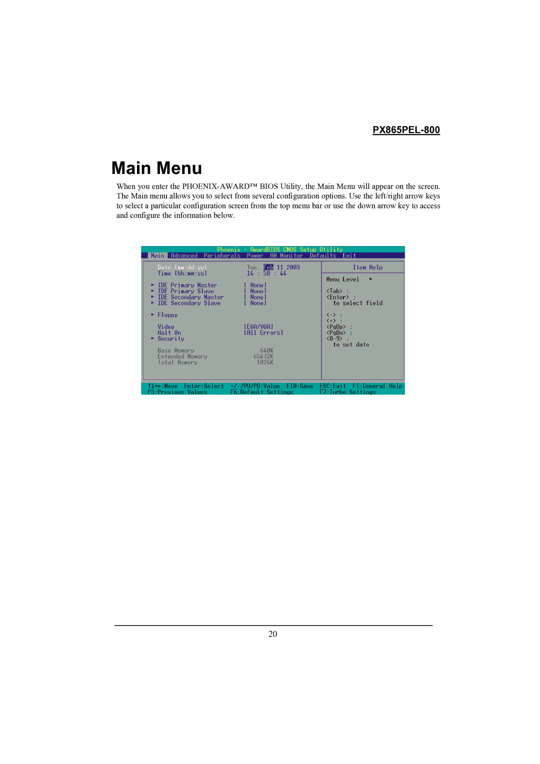 Intel PX865PEL-800 warranty Main Menu 