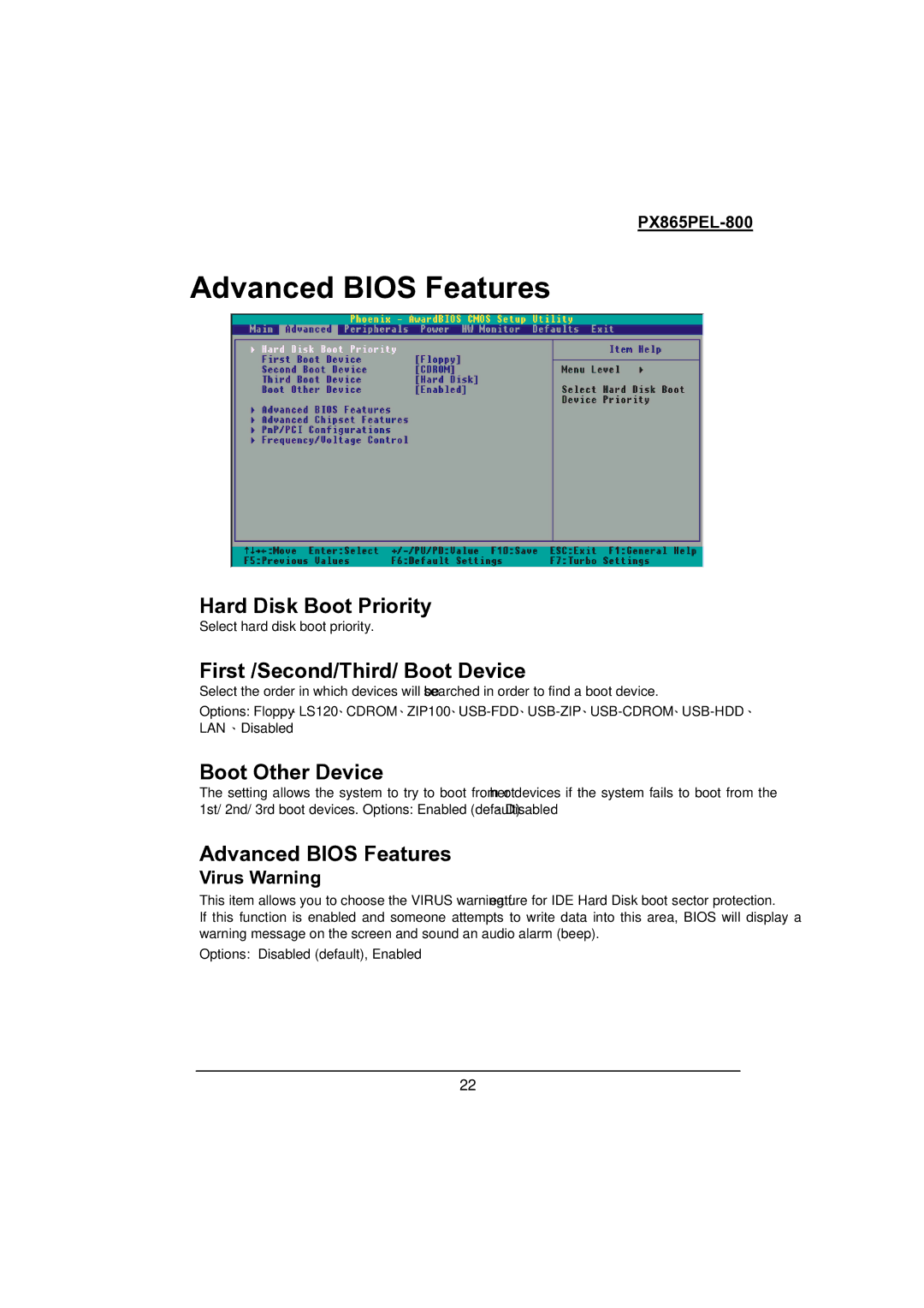 Intel PX865PEL-800 Advanced Bios Features, Hard Disk Boot Priority, First /Second/Third/ Boot Device, Boot Other Device 