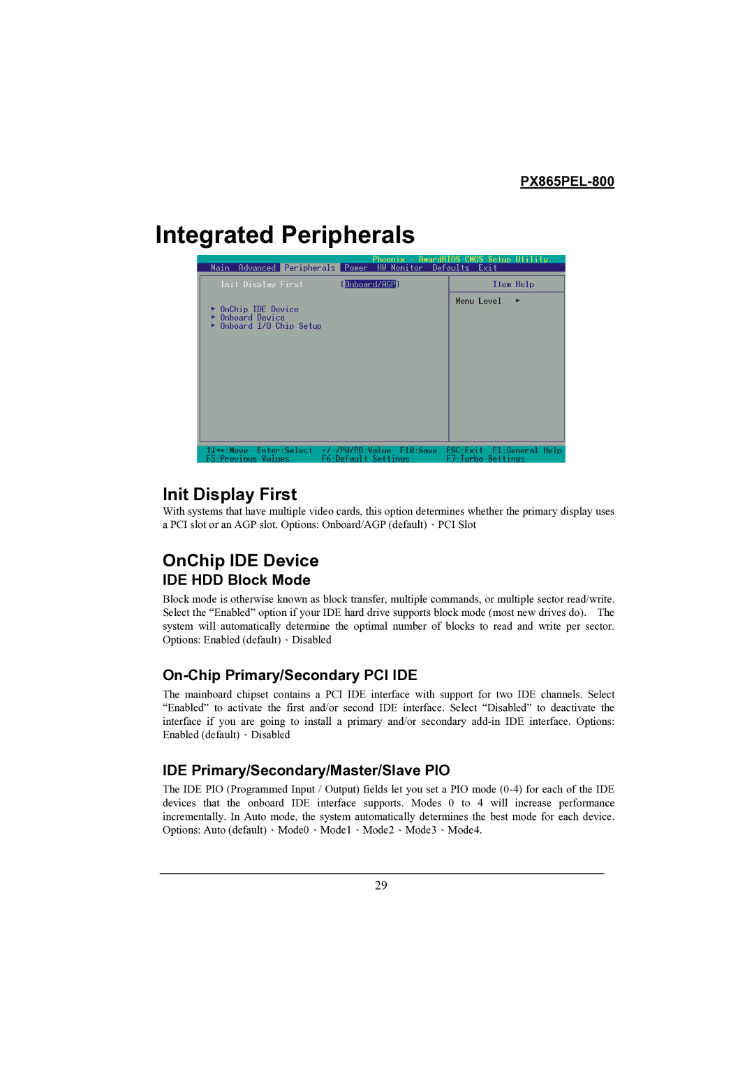 Intel PX865PEL-800 warranty Integrated Peripherals, Init Display First, OnChip IDE Device 