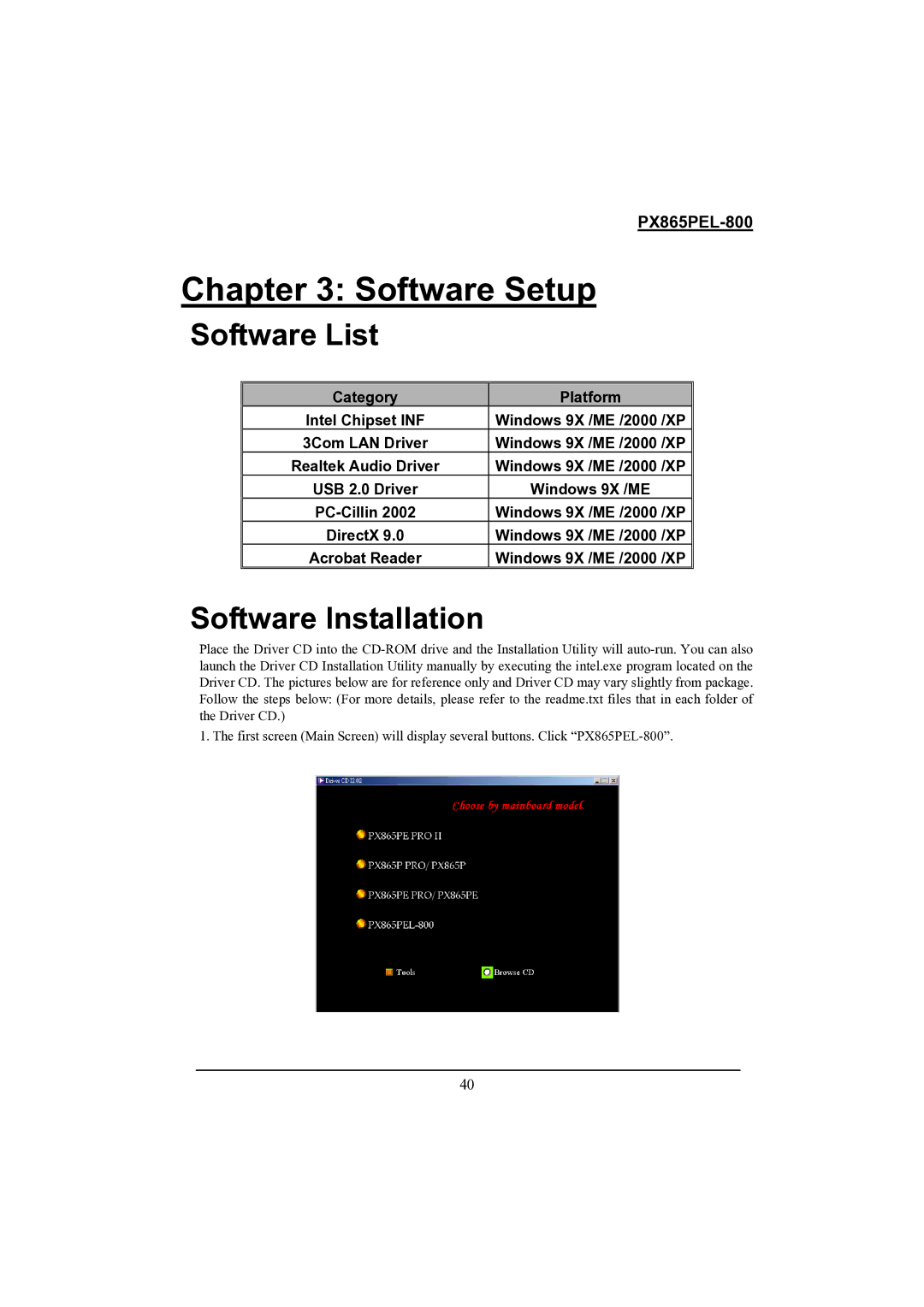 Intel PX865PEL-800 warranty Software List, Software Installation 