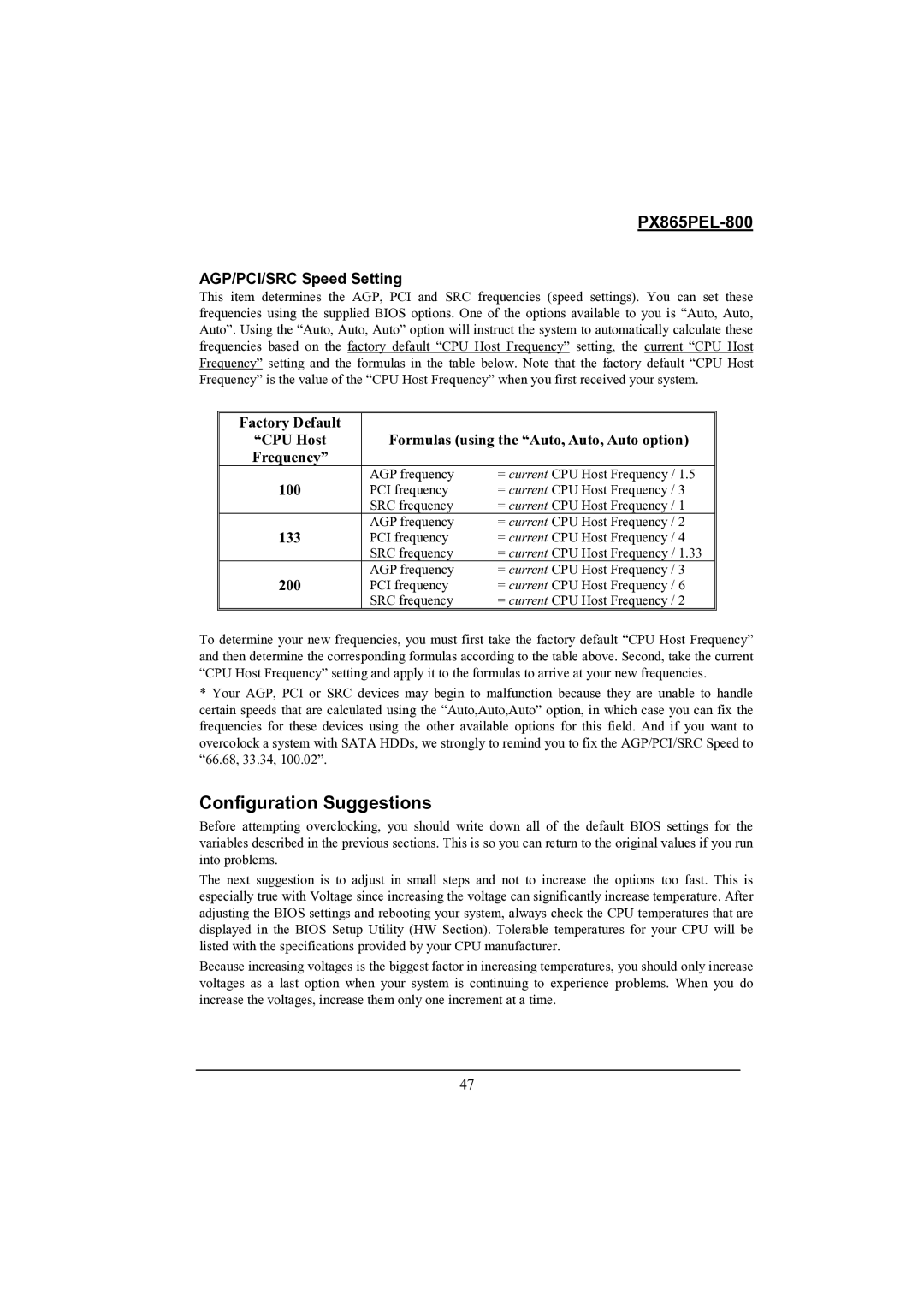 Intel PX865PEL-800 warranty Configuration Suggestions, AGP/PCI/SRC Speed Setting 