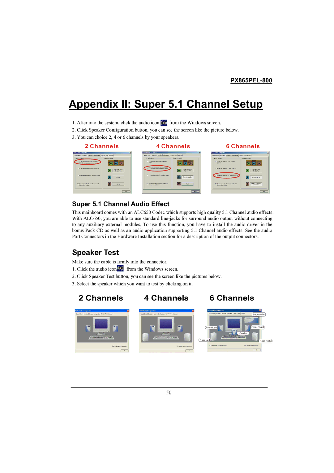 Intel PX865PEL-800 warranty Appendix II Super 5.1 Channel Setup, Speaker Test, Channels 4 Channels 6 Channels 