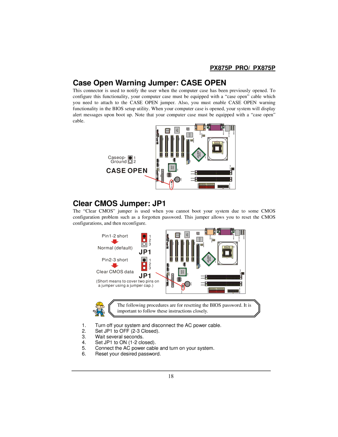 Intel PX875P warranty Case Open Warning Jumper Case Open, Clear Cmos Jumper JP1 