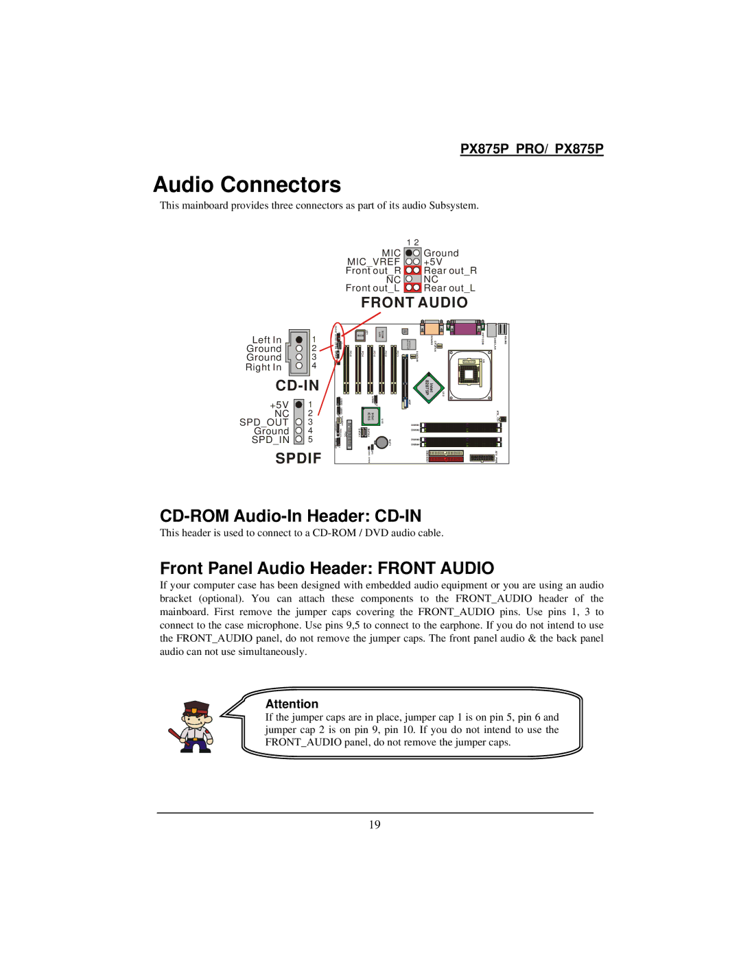 Intel PX875P warranty Audio Connectors, CD-ROM Audio-In Header CD-IN, Front Panel Audio Header Front Audio 