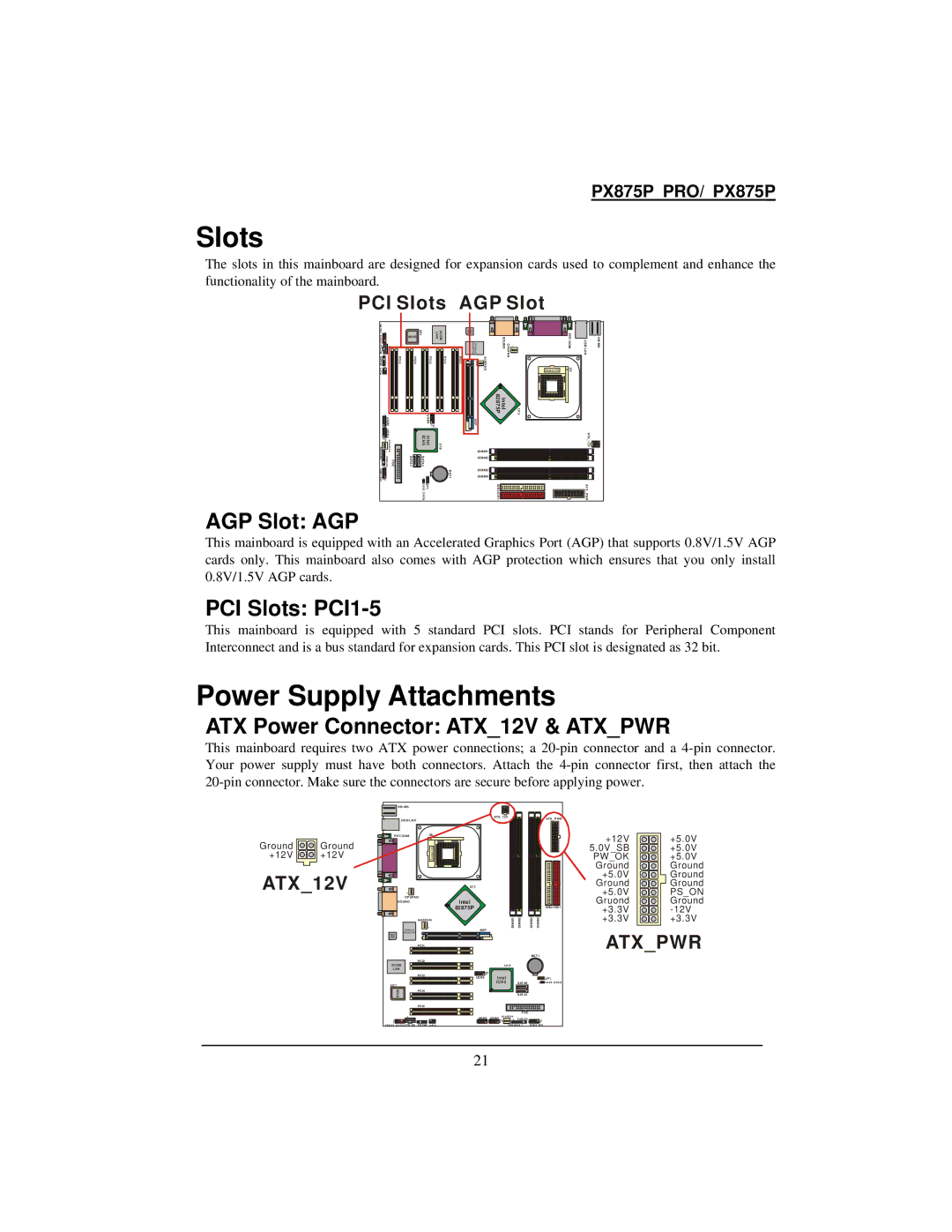 Intel PX875P warranty Power Supply Attachments, AGP Slot AGP, PCI Slots PCI1-5, ATX Power Connector ATX12V & Atxpwr 