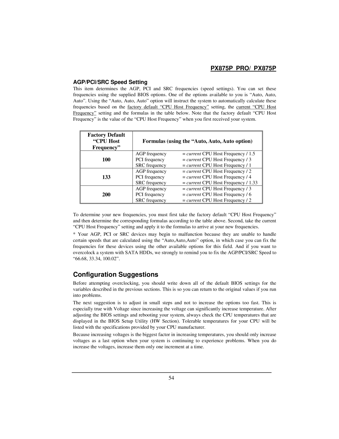 Intel PX875P warranty Configuration Suggestions, AGP/PCI/SRC Speed Setting 