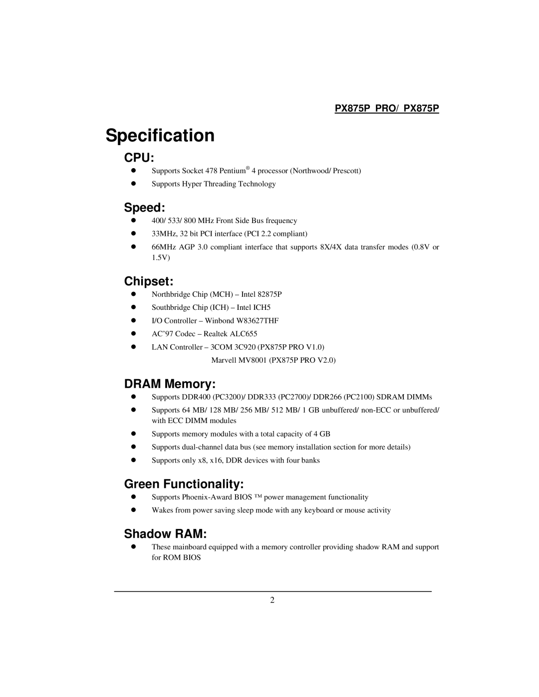 Intel PX875P warranty Specification 