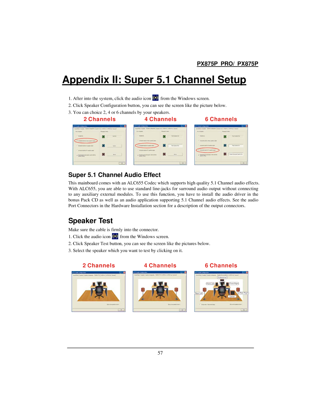 Intel PX875P warranty Appendix II Super 5.1 Channel Setup, Speaker Test, Super 5.1 Channel Audio Effect 