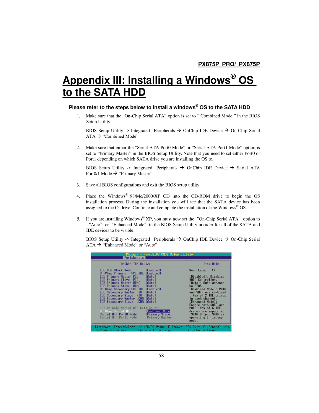 Intel PX875P warranty Appendix III Installing a Windows OS to the Sata HDD 