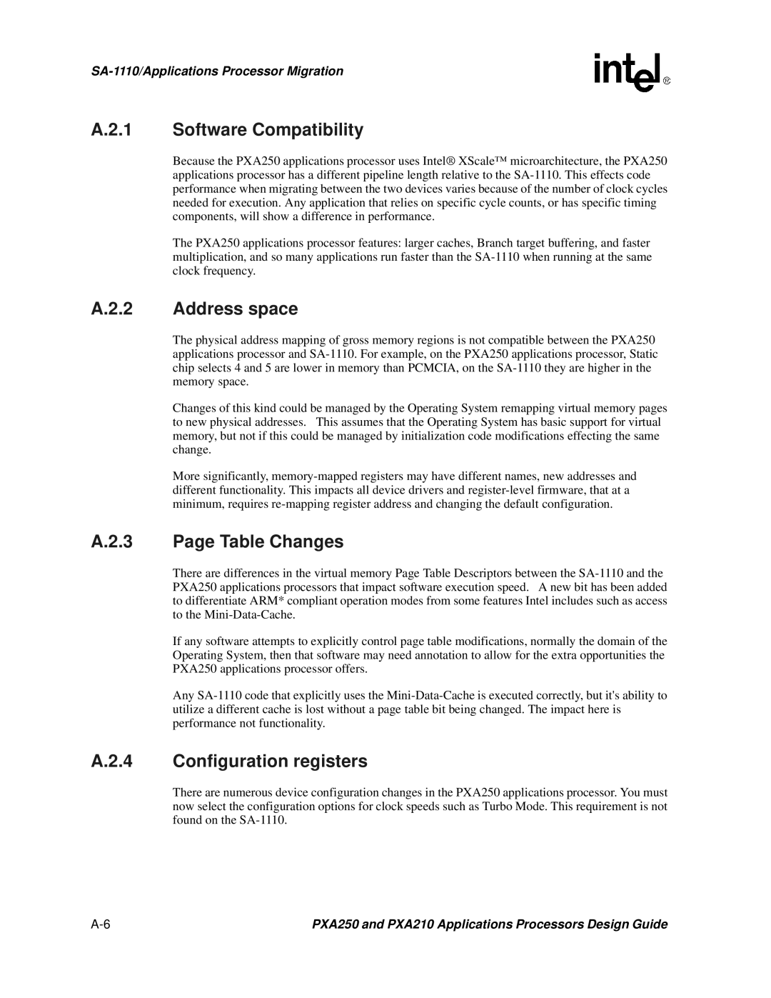 Intel PXA250 and PXA210 manual Software Compatibility, Address space, Table Changes, Configuration registers 