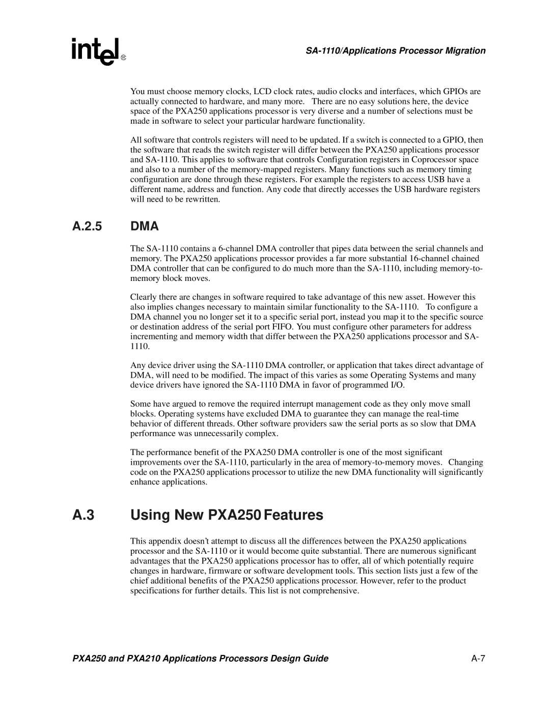 Intel PXA250 and PXA210 manual Using New PXA250 Features, 5 DMA 