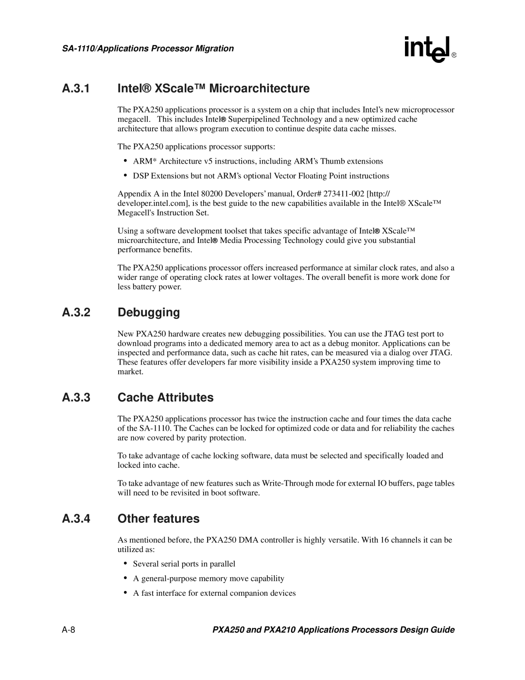 Intel PXA250 and PXA210 manual Intel XScale Microarchitecture, Debugging, Cache Attributes, Other features 