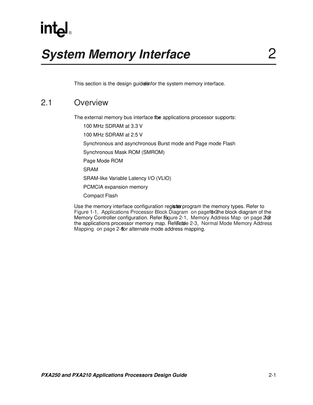 Intel PXA250 and PXA210 manual System Memory Interface, Overview 