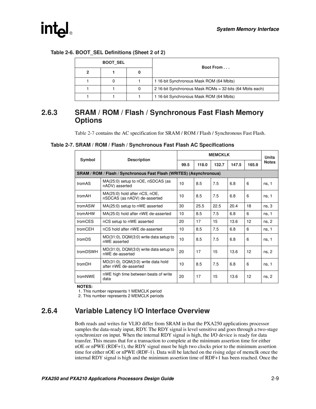 Intel PXA250 and PXA210 Sram / ROM / Flash / Synchronous Fast Flash Memory Options, Bootsel Definitions Sheet 2, Units 